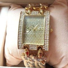 Luxury Rhinestone Dial with Gold Double Chain Watches Women Quartz Dress Watch Quartz Clock - Factory Watches Store