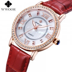 Luxury Brand WWOOR Watches Women Sapphire Crown Genuine Leather Dress Watch Ladies Quartz Rose Gold - Factory Watches Store