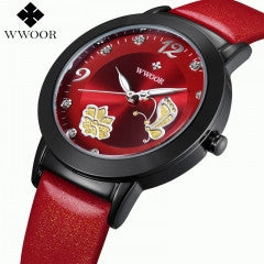 WWOOR Famous Brand Women's Watches Leather Dress Casual Quartz-Watch Women Butterfly flower Watches - Factory Watches Store