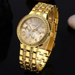 3 colors Women Geneva Luxury Watch Steel Quartz Watch Female Gold Rhinestone Clock - Factory Watches Store