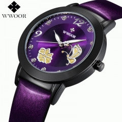 WWOOR Butterfly Genuine Leather Top Brand Luxury Women Purple Watches with CZ Rhinestone Quartz Watc - Factory Watches Store